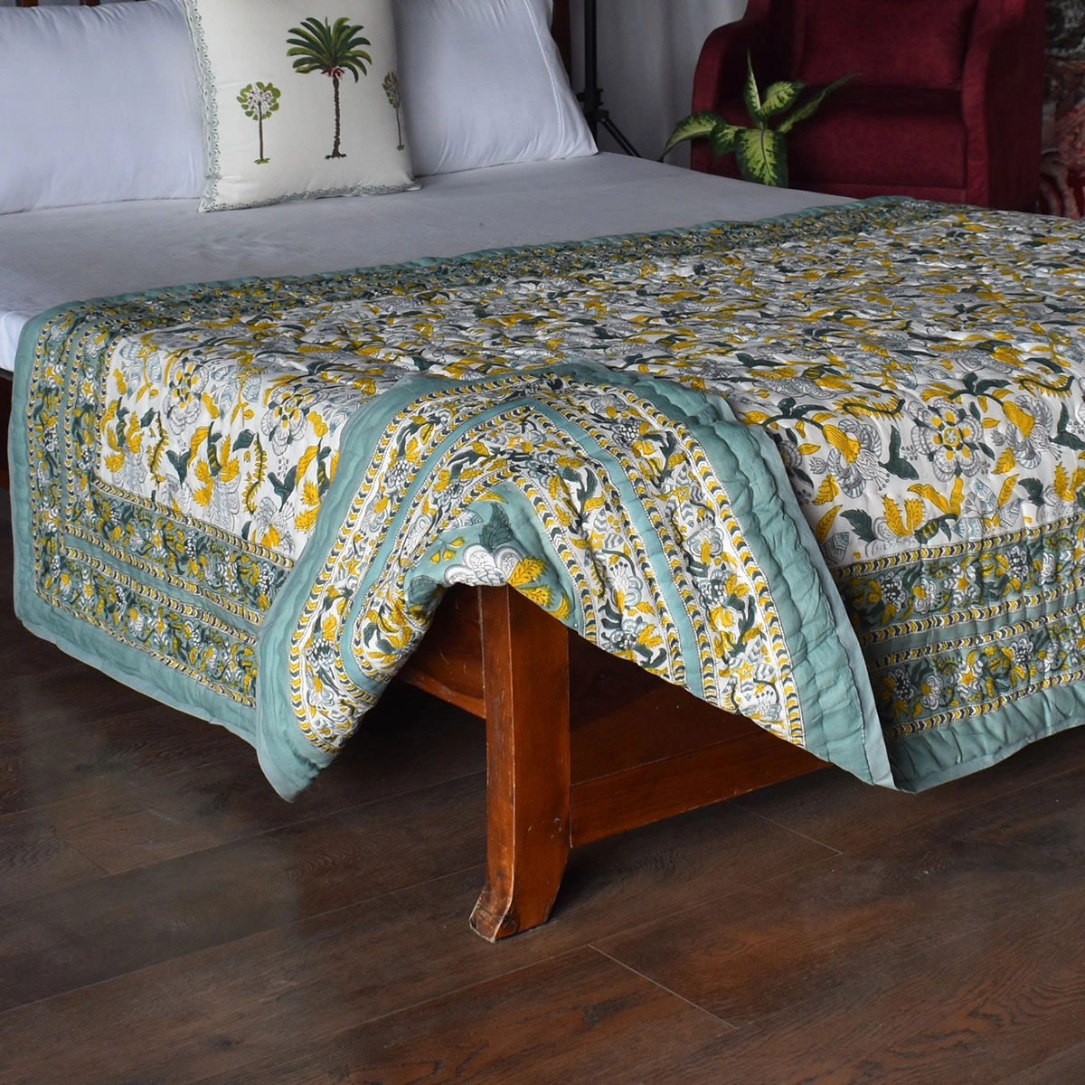 Hand Block Printed Cotton Twin Size Quilt Garden Song Green 260102