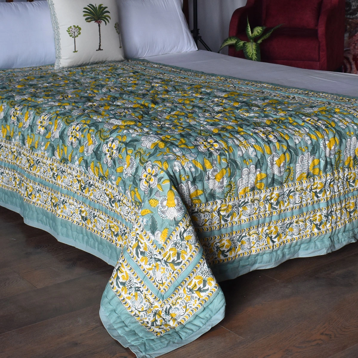 Hand Block Printed Cotton Twin Size Quilt Garden Song Green 260102