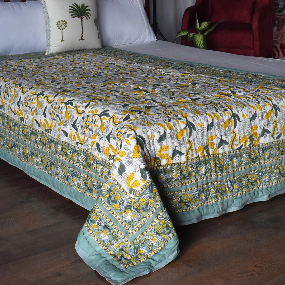 Hand Block Printed Cotton Twin Size Quilt Garden Song Green 260102