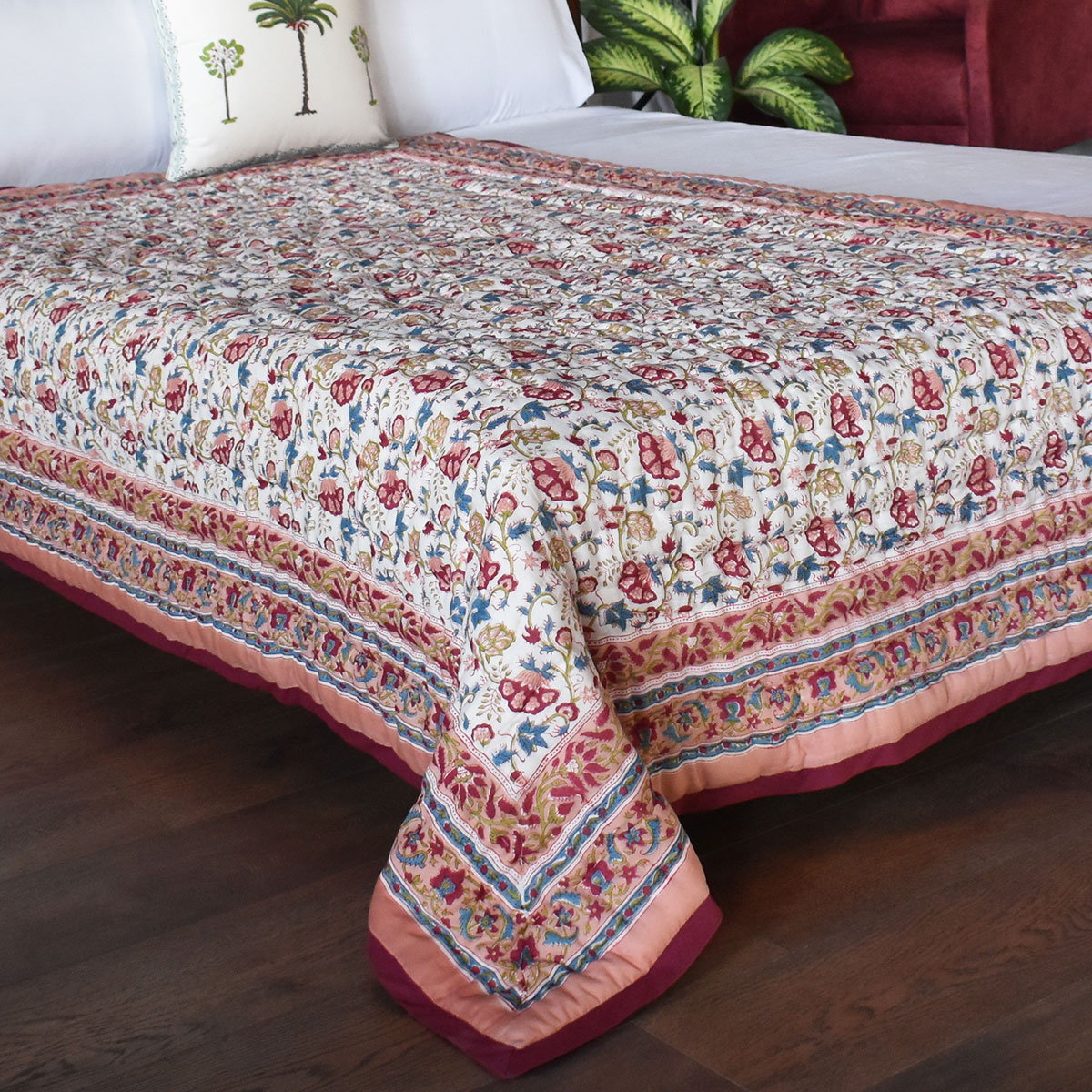 Handmade Block Printed Cotton Twin Size Quilt Genda Bale 105180
