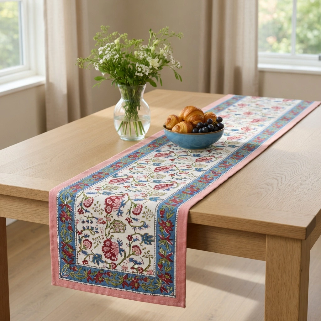 Hand Block Printed Cotton Canvas Table Runner 33x120 cms Genda Bale 204998