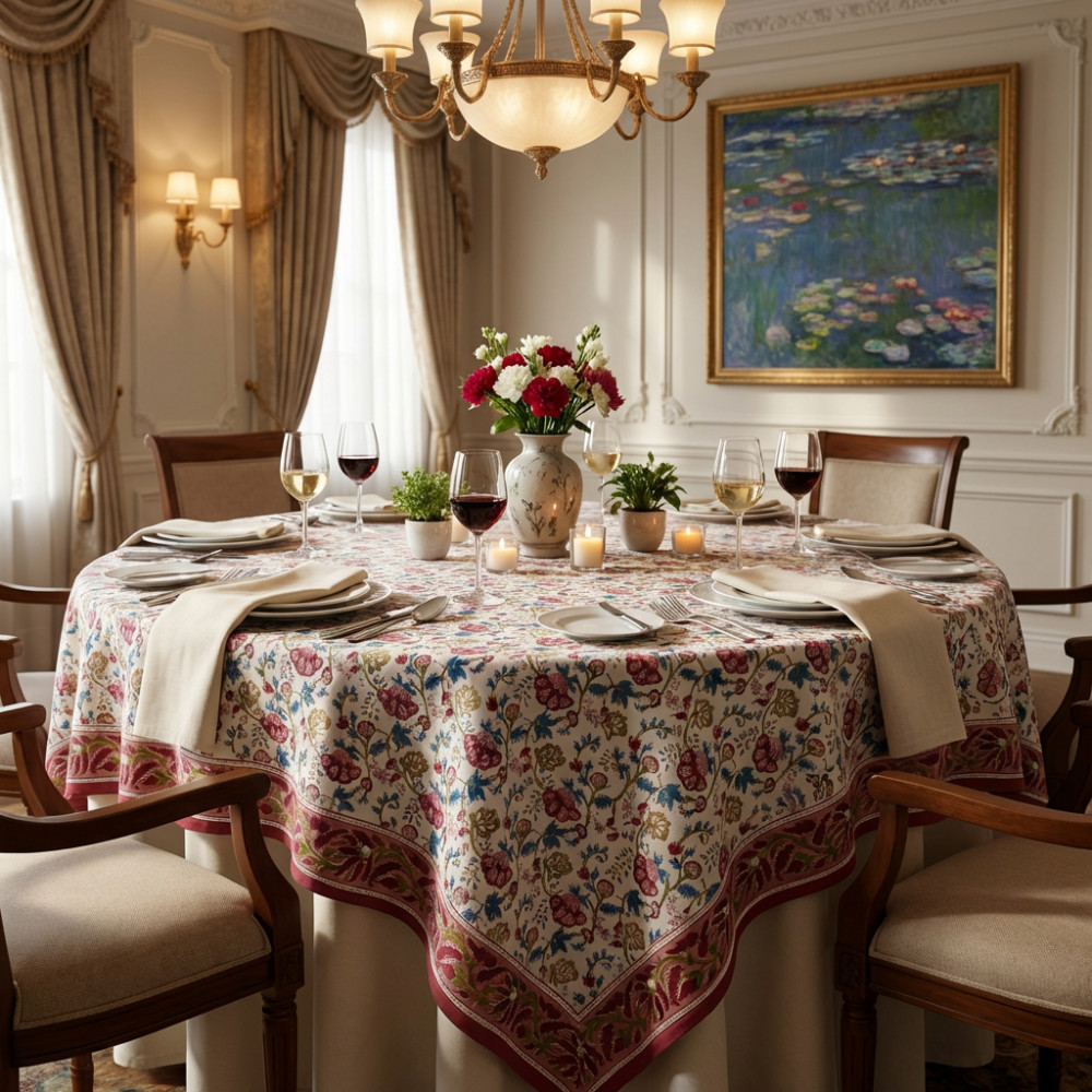 Image of Hand Block Printed Cotton Round Tablecloth 150 cms | Genda Bale 204998