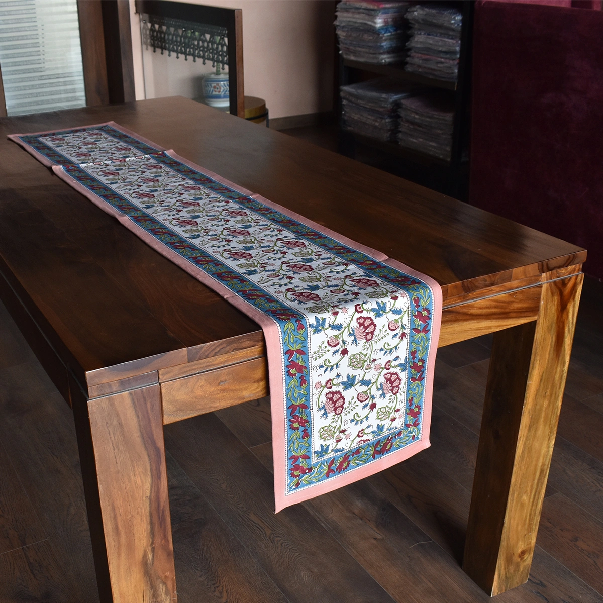 Hand Block Printed Cotton Canvas Table Runner 33x170 cms Genda Bale 204998