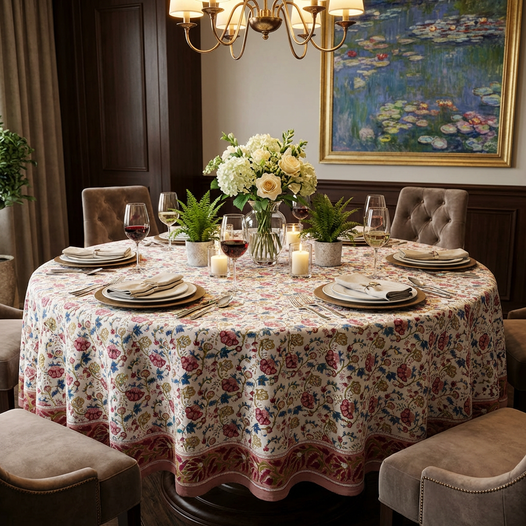 Hand Block Printed Cotton Round Tablecloth 275 cms Genda Bale 105479