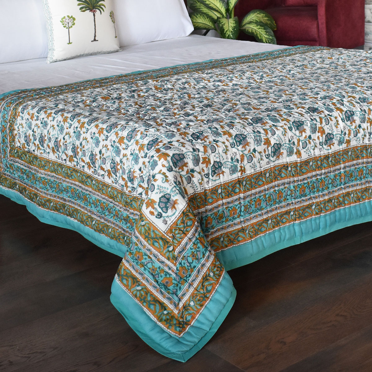 Hand Block Printed Cotton Twin Size Quilt Genda Bale Ginger 805980