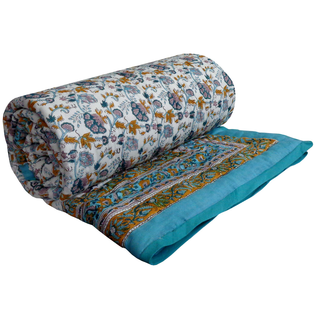 Hand Block Printed Cotton Twin Size Quilt Genda Bale Ginger 805980