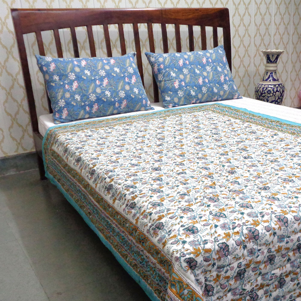 Hand Block Printed Cotton Twin Size Quilt Genda Bale Ginger 805980