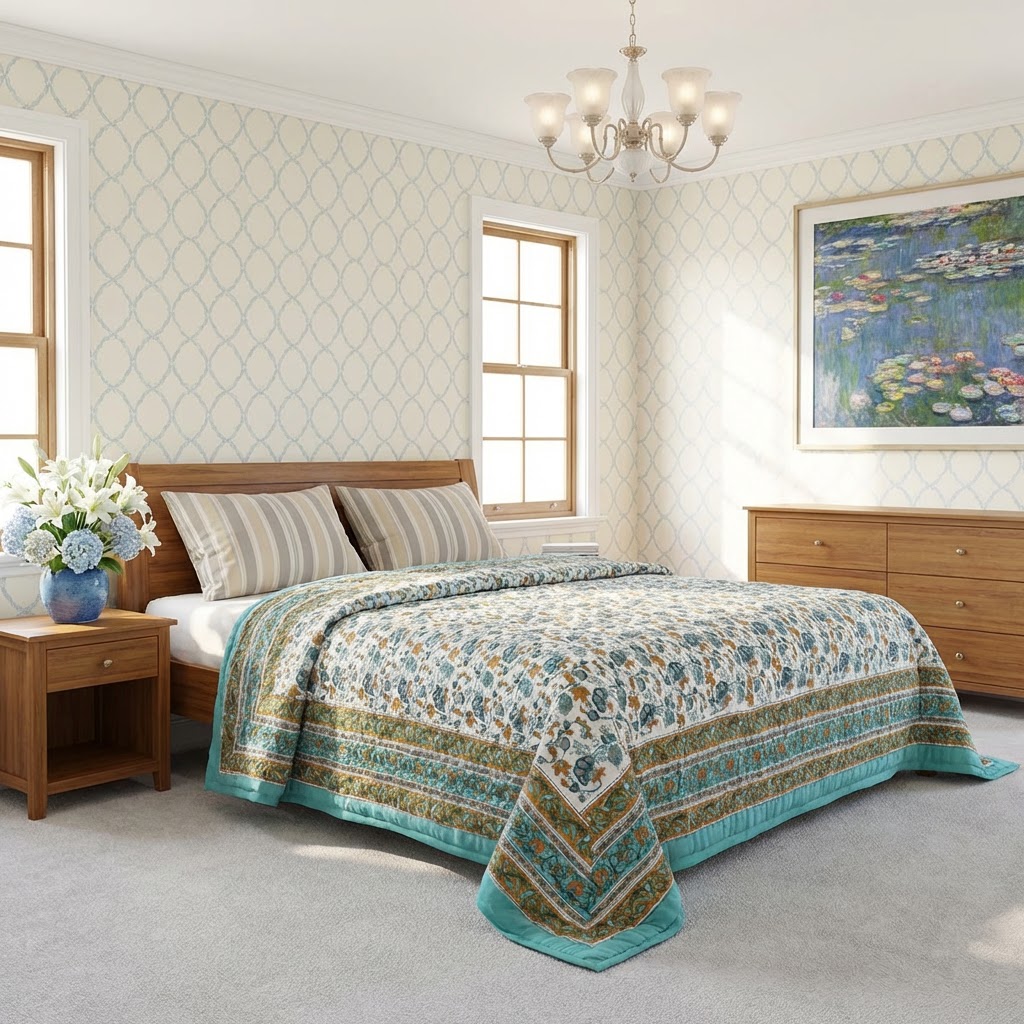 Hand Block Printed Cotton Twin Size Quilt Genda Bale Ginger 805980