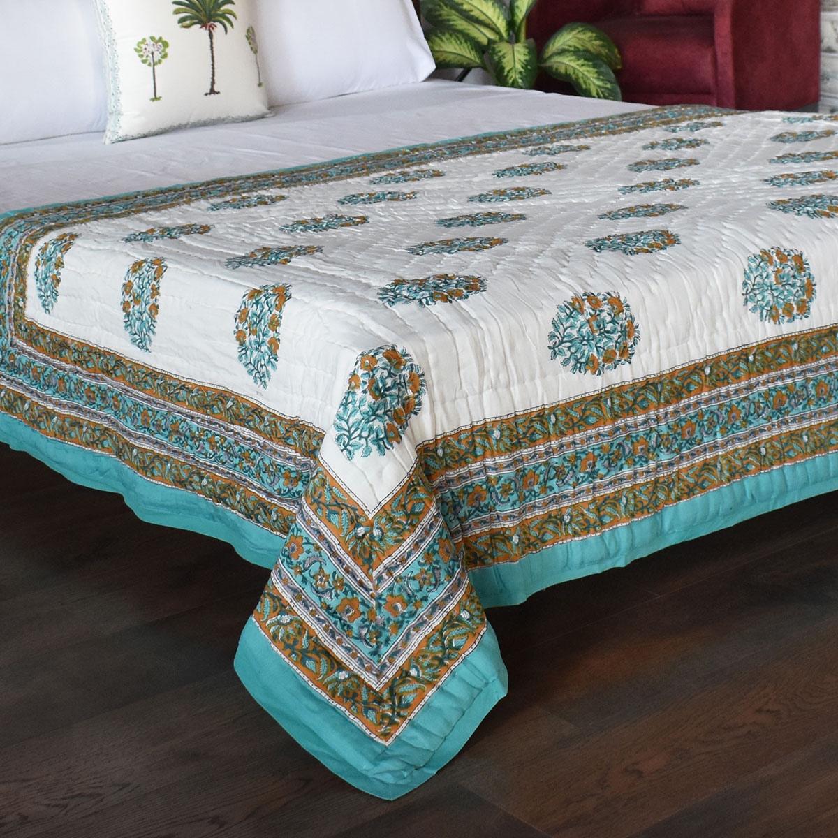 Hand Block Printed Cotton Twin Size Quilt Genda Bale Ginger 805980