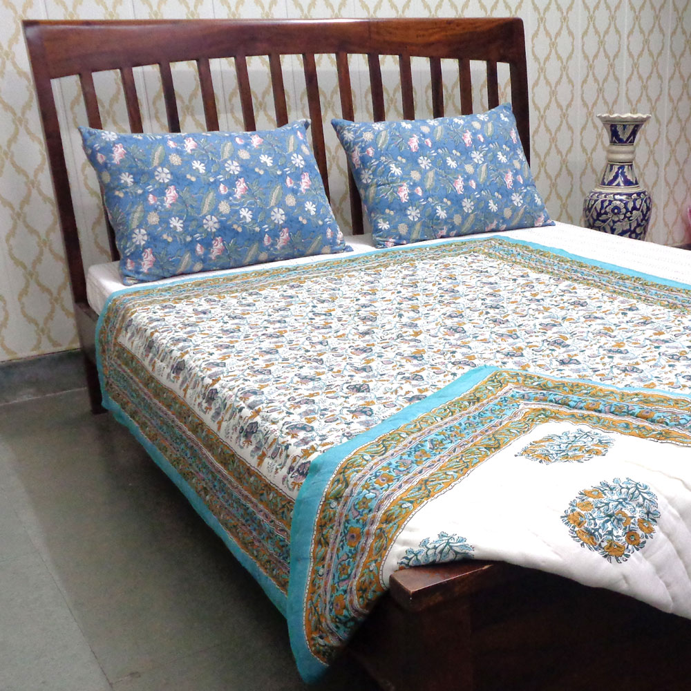 Hand Block Printed Cotton Twin Size Quilt Genda Bale Ginger 805980