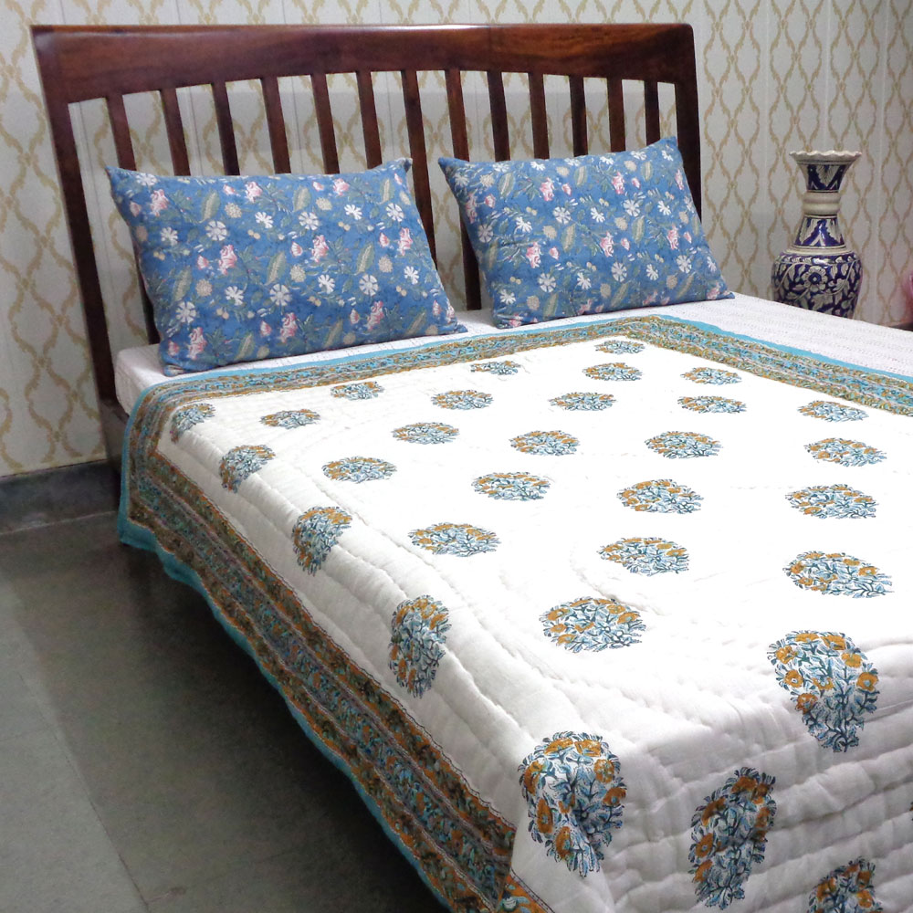Hand Block Printed Cotton Twin Size Quilt Genda Bale Ginger 805980