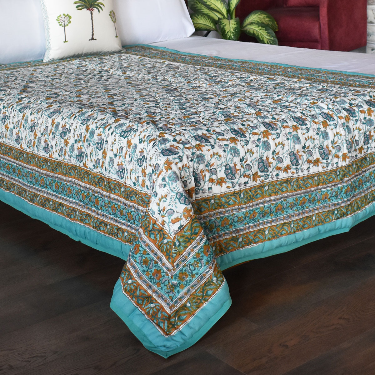 Hand Block Printed Cotton Twin Size Quilt Genda Bale Ginger 805980