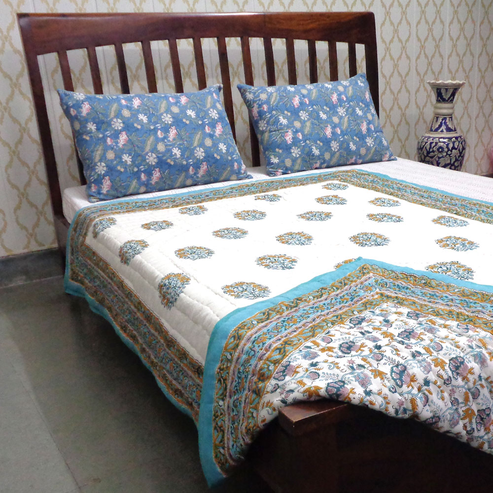 Hand Block Printed Cotton Twin Size Quilt Genda Bale Ginger 805980