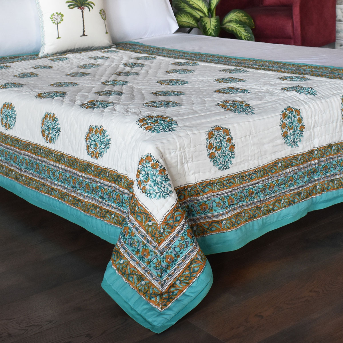 Hand Block Printed Cotton Twin Size Quilt Genda Bale Ginger 805980