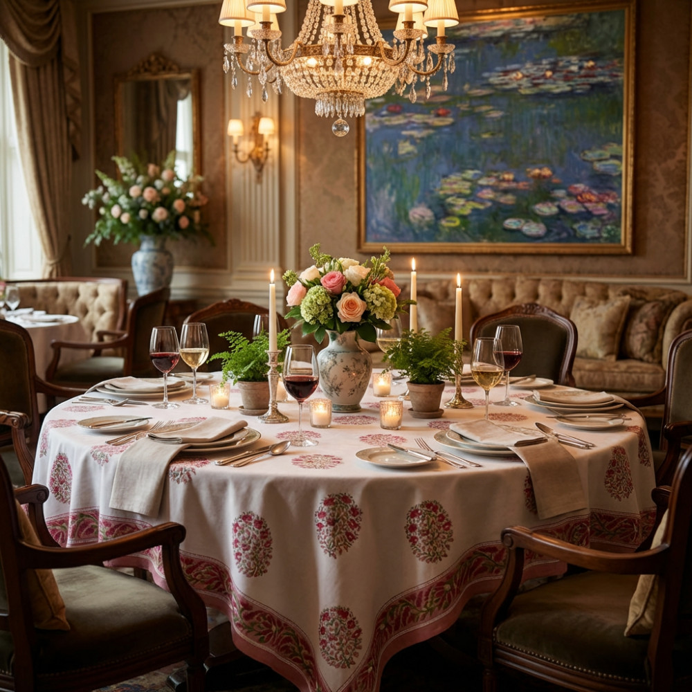 Image of Hand Block Printed Cotton Round Tablecloth 180 cms | Genda Boota 105889