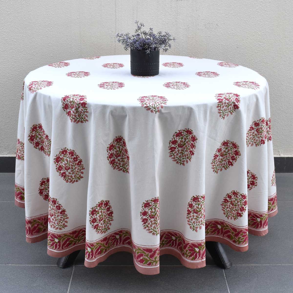 Hand Block Printed Cotton Round Tablecloth 180 cms Genda Boota 105889