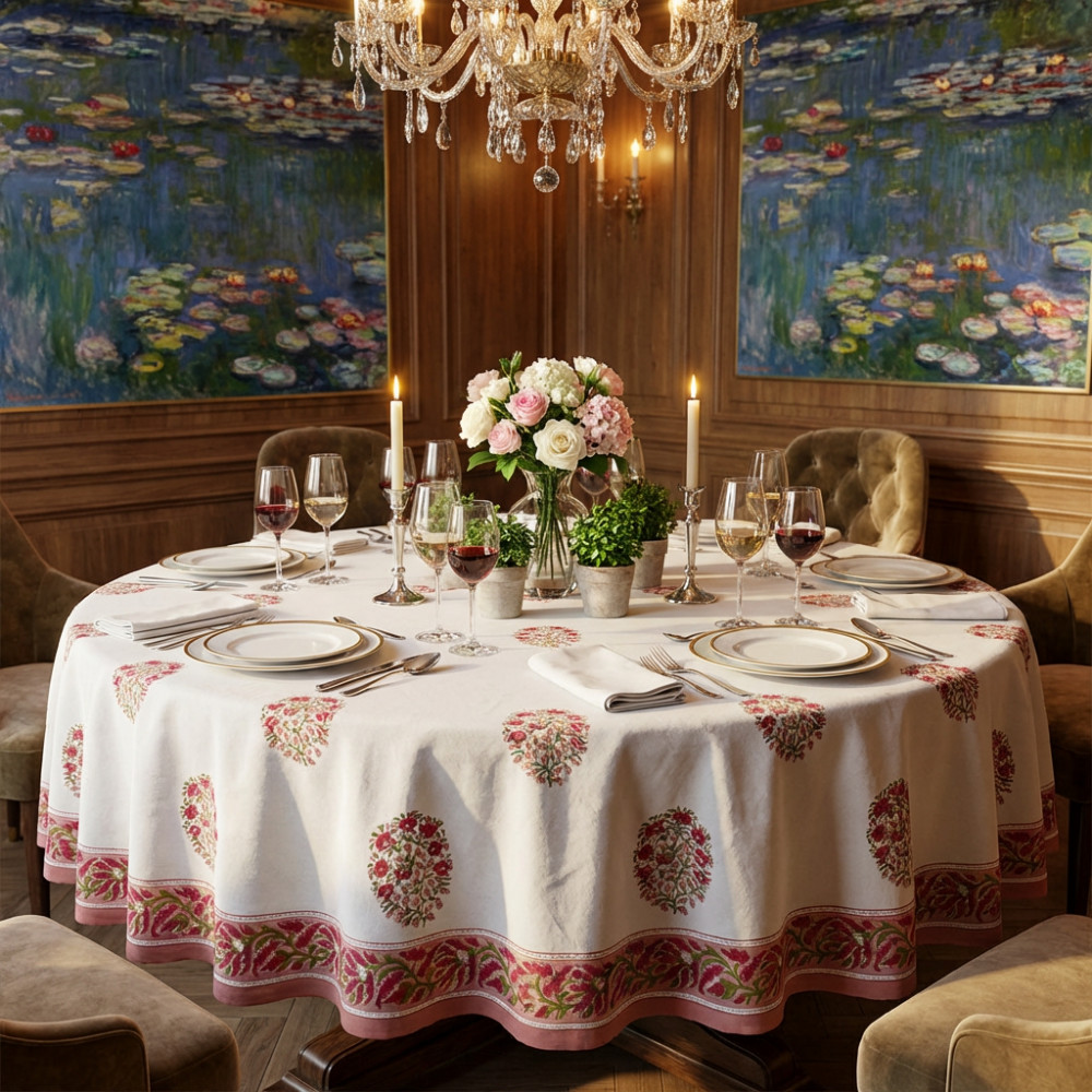 Image of Hand Block Printed Cotton Round Tablecloth 180 cms | Genda Boota 105889