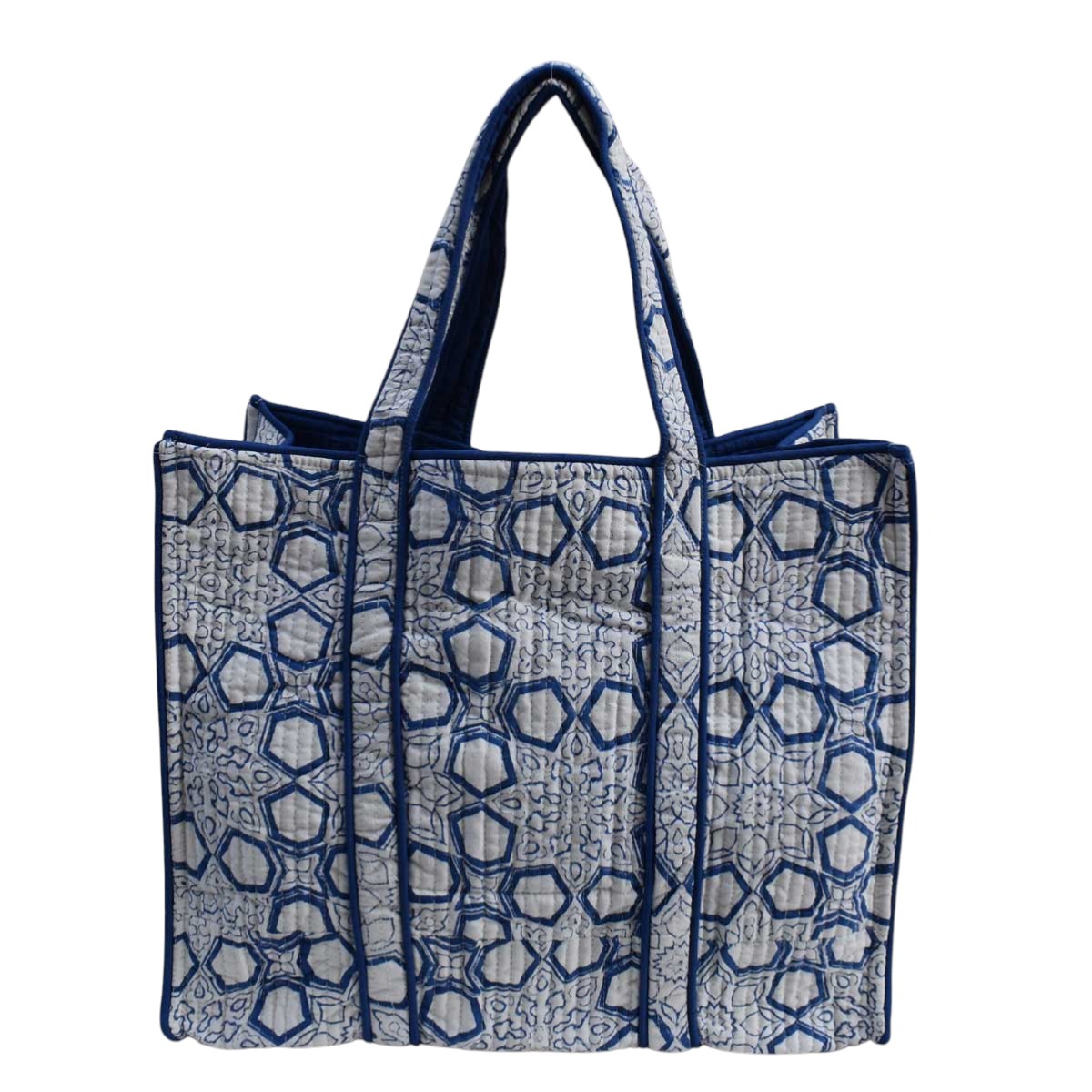 Hand Block Printed Cotton Quilted Tote Bag Geo Chokri Blue 205196