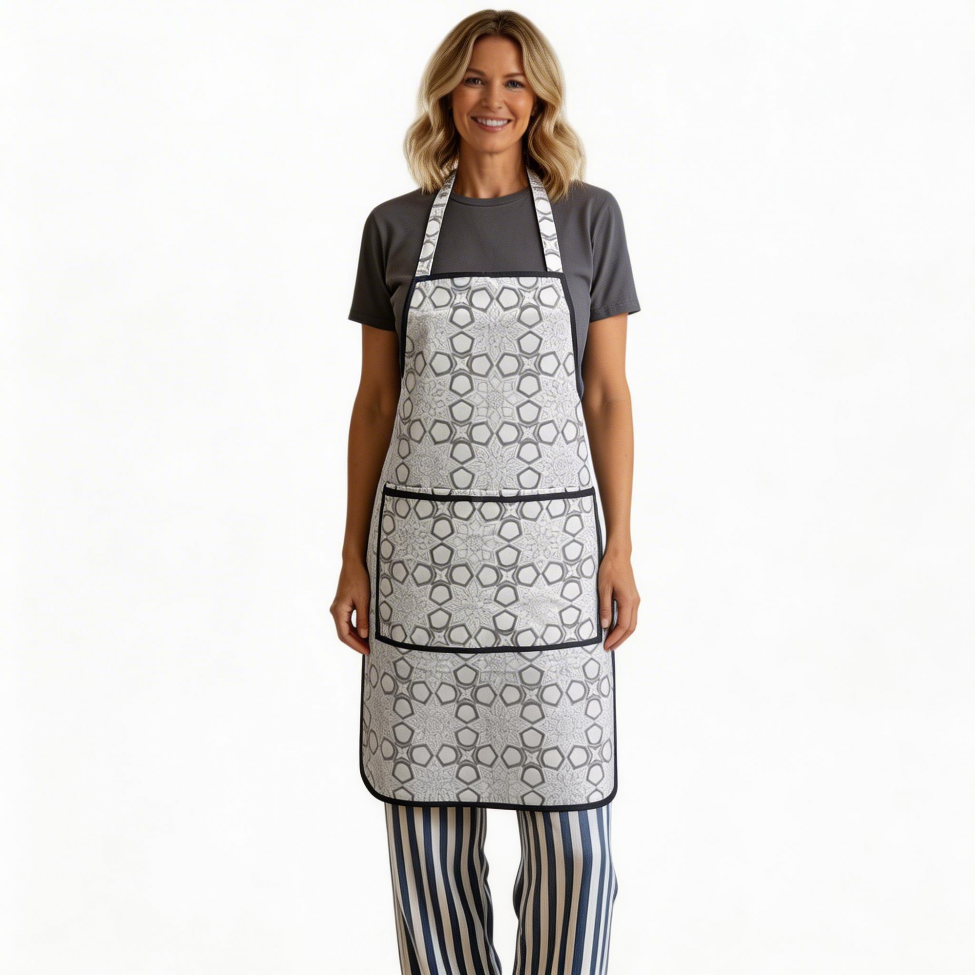 Indian Block-Printed 100 Cotton Apron Geo Chokri Grey 208222