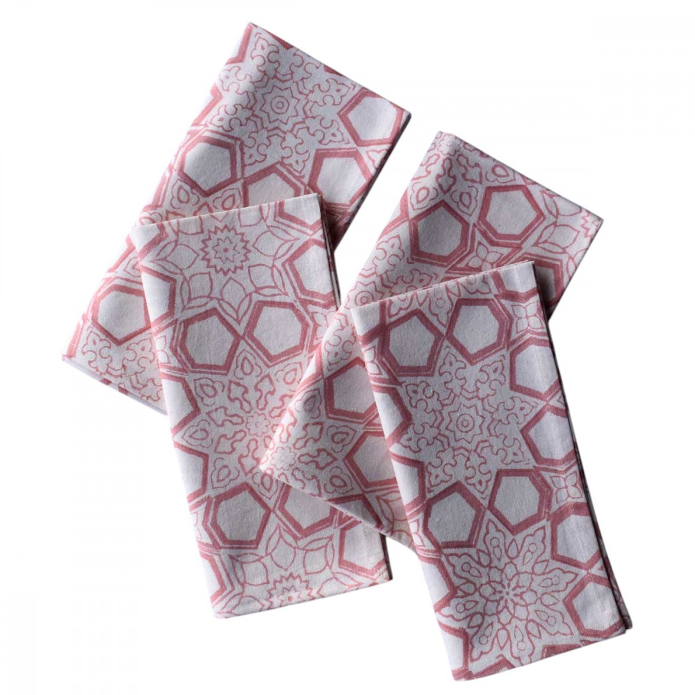 Image of Hand Block Printed Cotton Napkin 45x45 (Set of 4 Napkins) | Geo Chokri Pink 107053