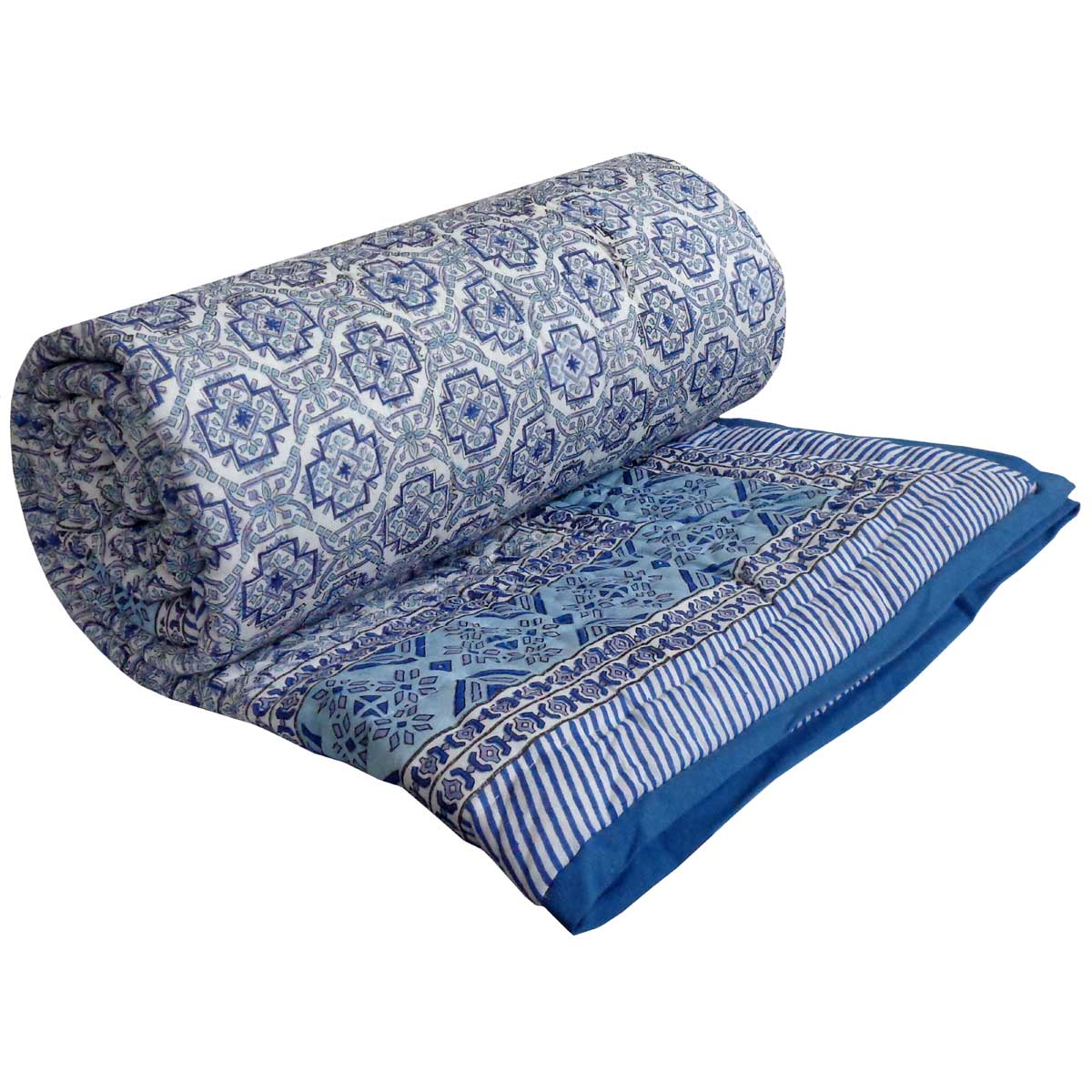 Hand Block Printed Cotton Twin Size Quilt Geo Cross Blue 906779