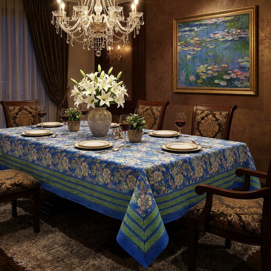 Hand Block Printed Cotton Tablecloth 150x220 cms Gerbera Sky Gud 100962