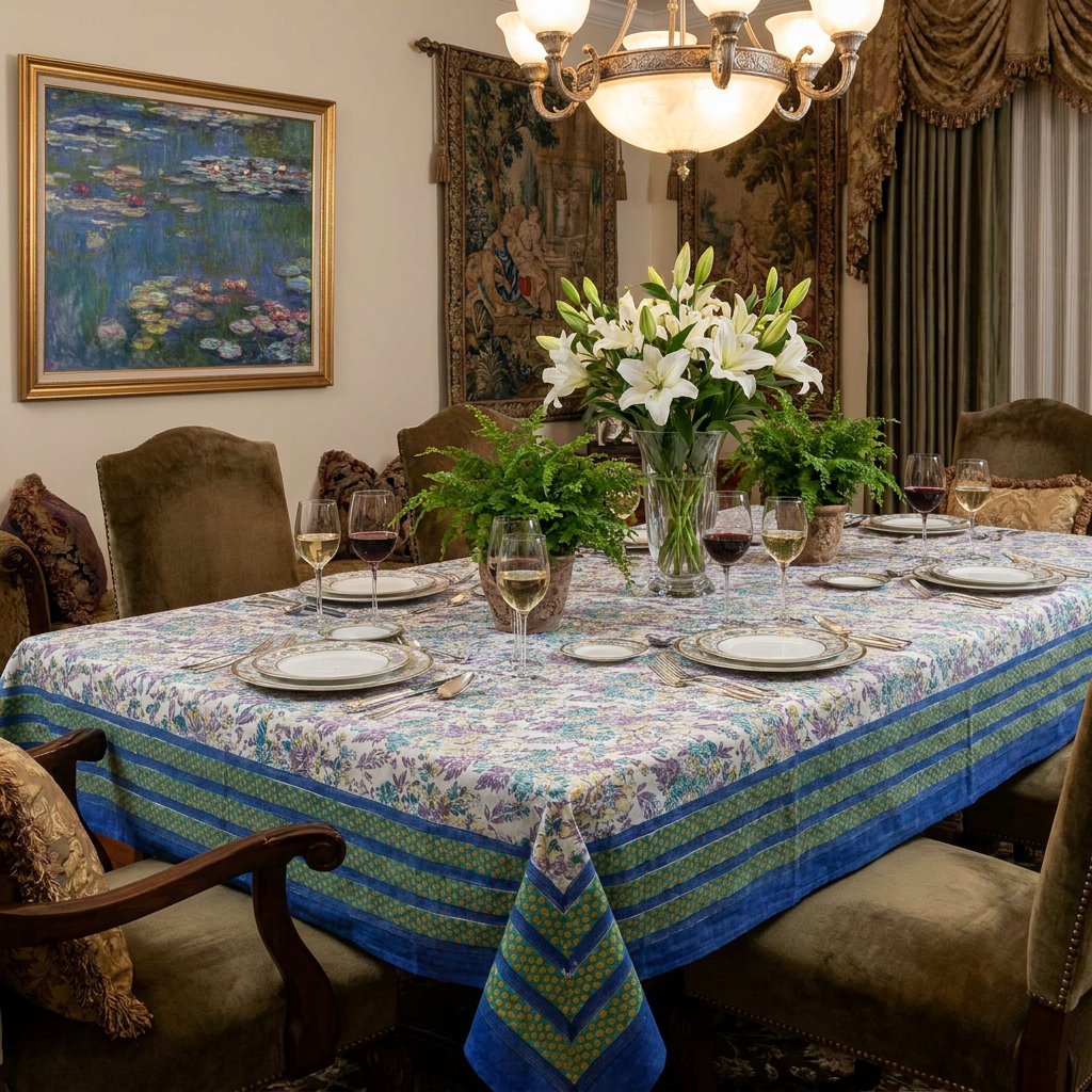 Hand Block Printed Cotton Tablecloth 150x220 cms Gerbera Sky Open 100960