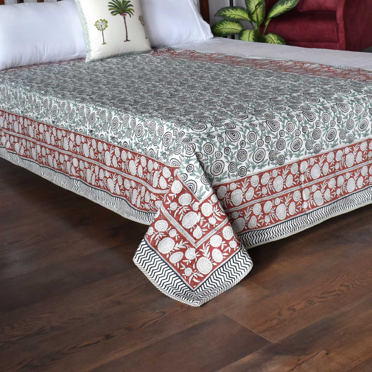 Hand Block Printed Cotton Twin Size Dohar Gol Phool Brown 205723