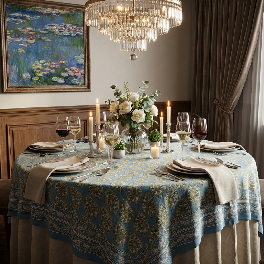 Image of Hand Block Printed Cotton Round Tablecloth 220 cms | Gola Patti Aqua 202301