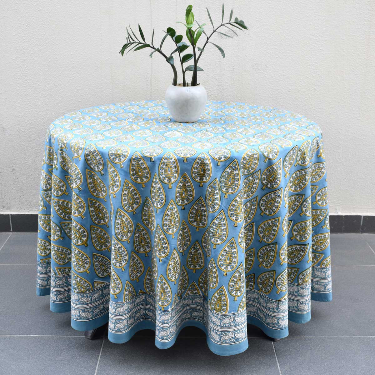 Hand Block Printed Cotton Round Tablecloth 220 cms Gola Patti Aqua 202301