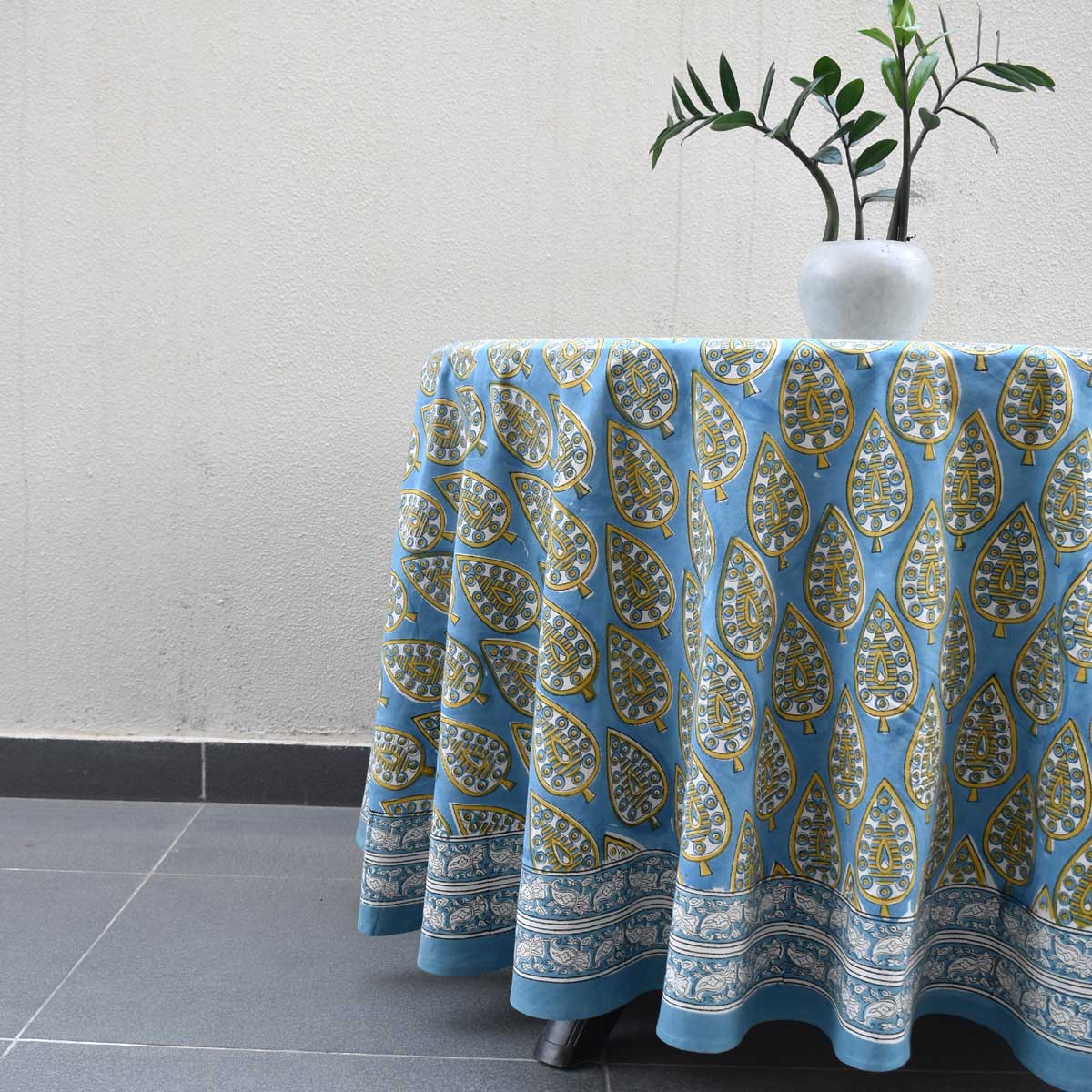 Hand Block Printed Cotton Round Tablecloth 220 cms Gola Patti Aqua 202301