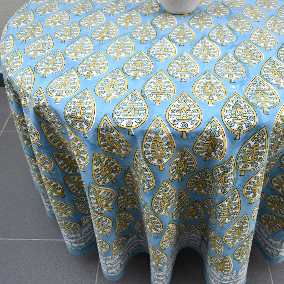 Hand Block Printed Cotton Round Tablecloth 220 cms Gola Patti Aqua 202301