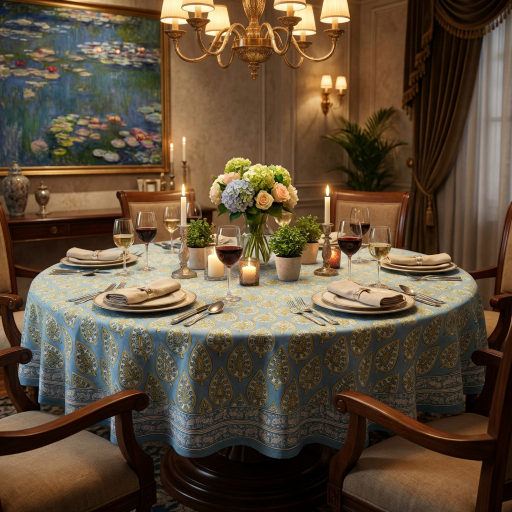 Image of Hand Block Printed Cotton Round Tablecloth 220 cms | Gola Patti Aqua 202301