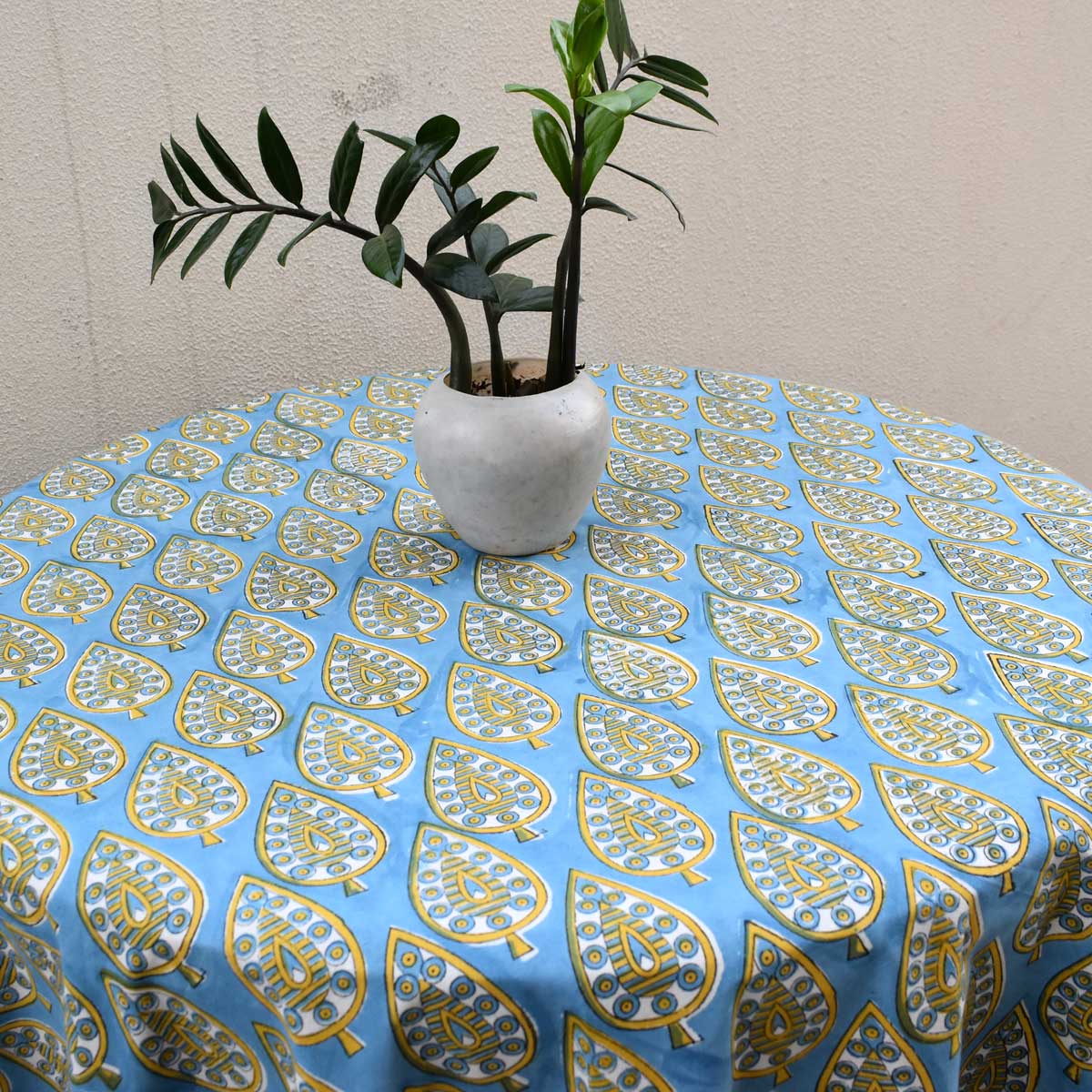 Hand Block Printed Cotton Round Tablecloth 220 cms Gola Patti Aqua 202301