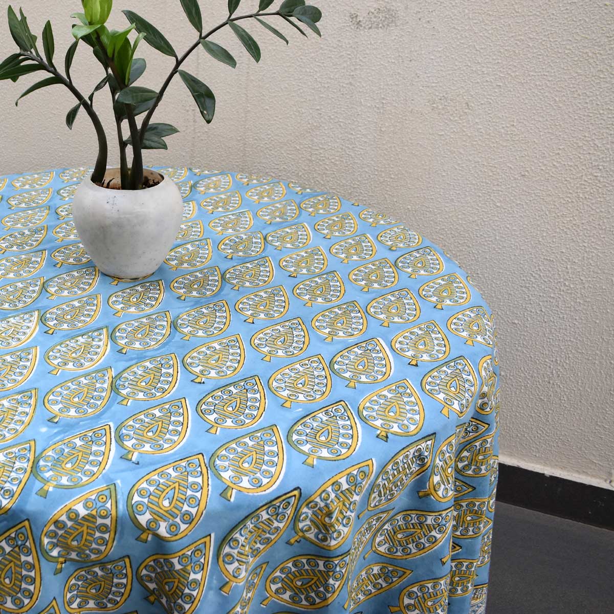 Hand Block Printed Cotton Round Tablecloth 220 cms Gola Patti Aqua 202301