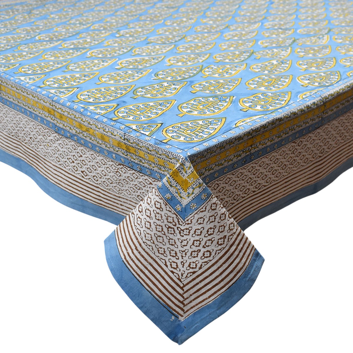 Tablecloth 12 seater in Cotton Hand Block Printed Cotton Tablecloth 180x340 cms Gola Patti Aqua 202301