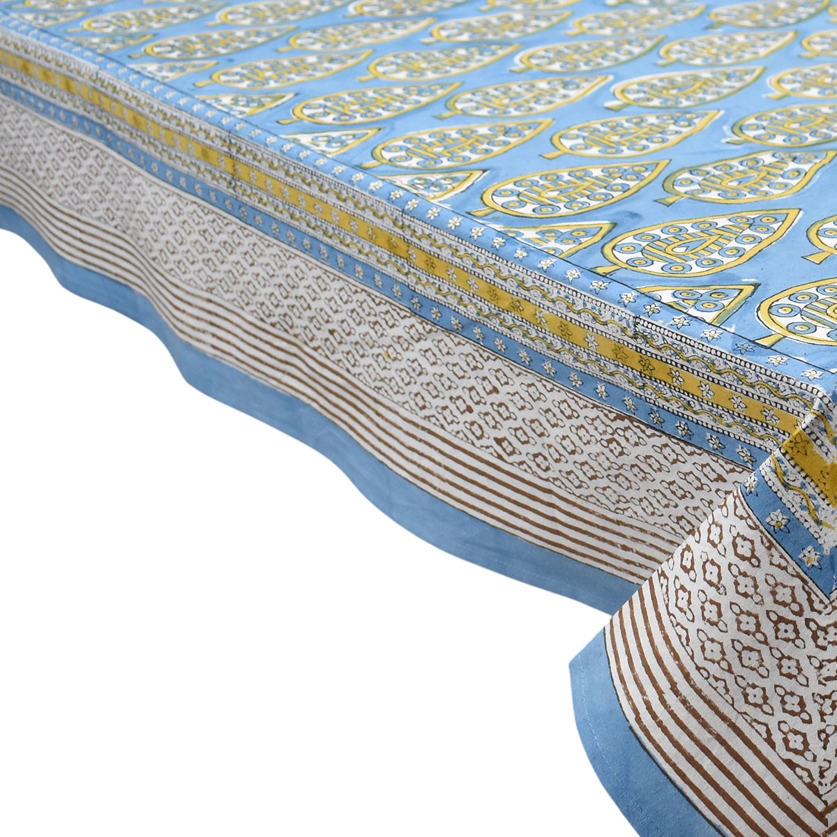 Tablecloth 12 seater in Cotton Hand Block Printed Cotton Tablecloth 180x340 cms Gola Patti Aqua 202301