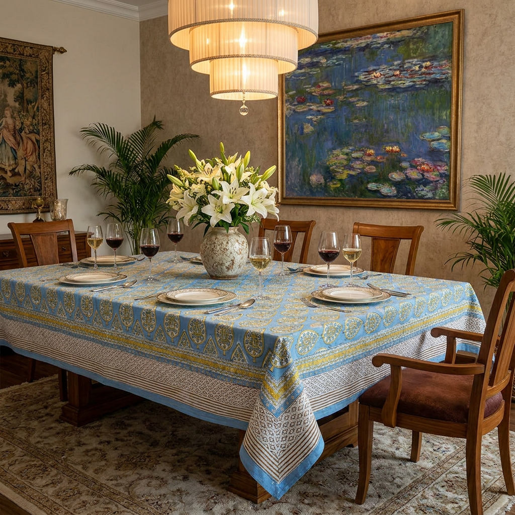 Tablecloth 12 seater in Cotton Hand Block Printed Cotton Tablecloth 180x340 cms Gola Patti Aqua 202301