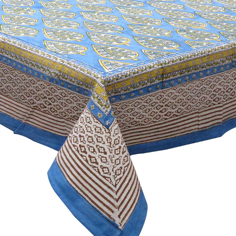 Hand Block Printed Cotton Tablecloth 150x220 cms   Gola Patti Aqua 202301