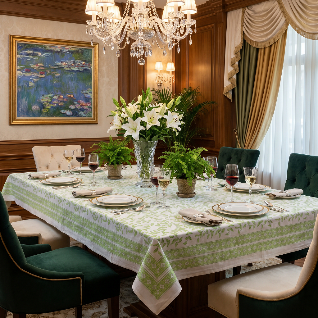 Wood Block Printed Handmade Tablecloth 150x220 cms Green Vine Harmony 202407