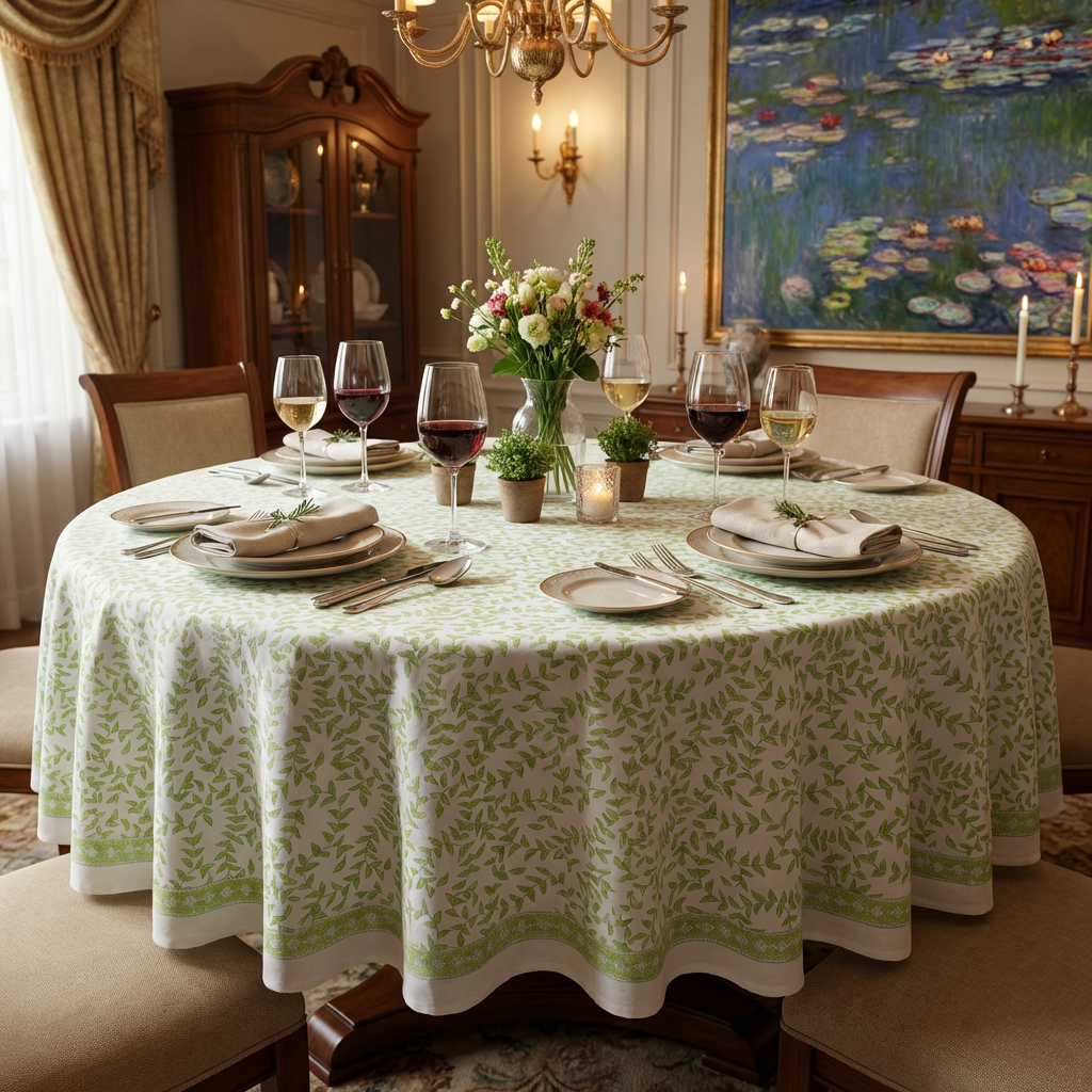 Round 220 cms Cotton French Design Table Cover  Green Vine Harmony 202407