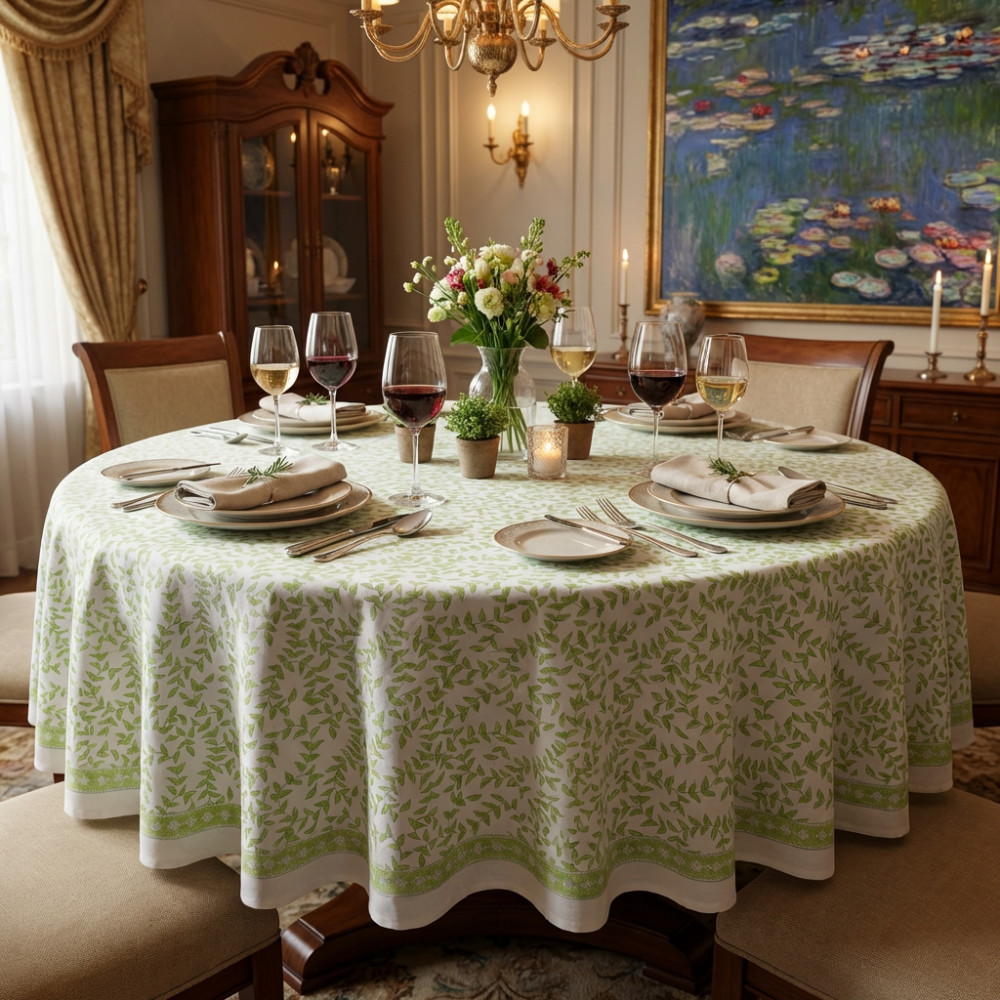 Image of Round 220 cms Cotton French Design Table Cover | Green Vine Harmony 202407