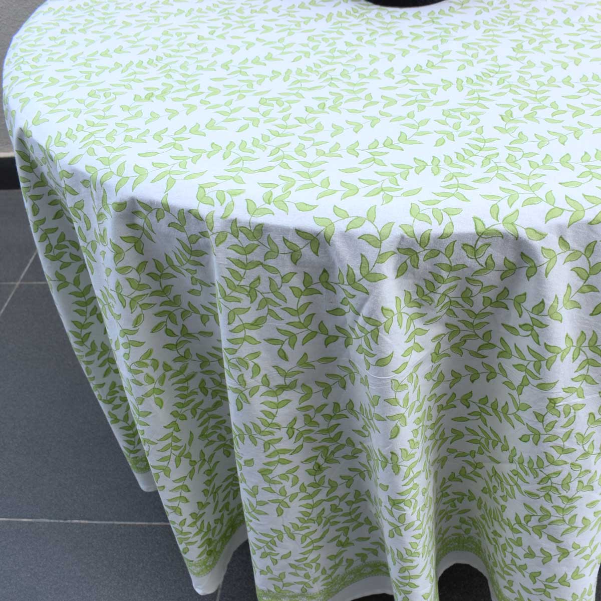 Round 220 cms Cotton French Design Table Cover  Green Vine Harmony 202407