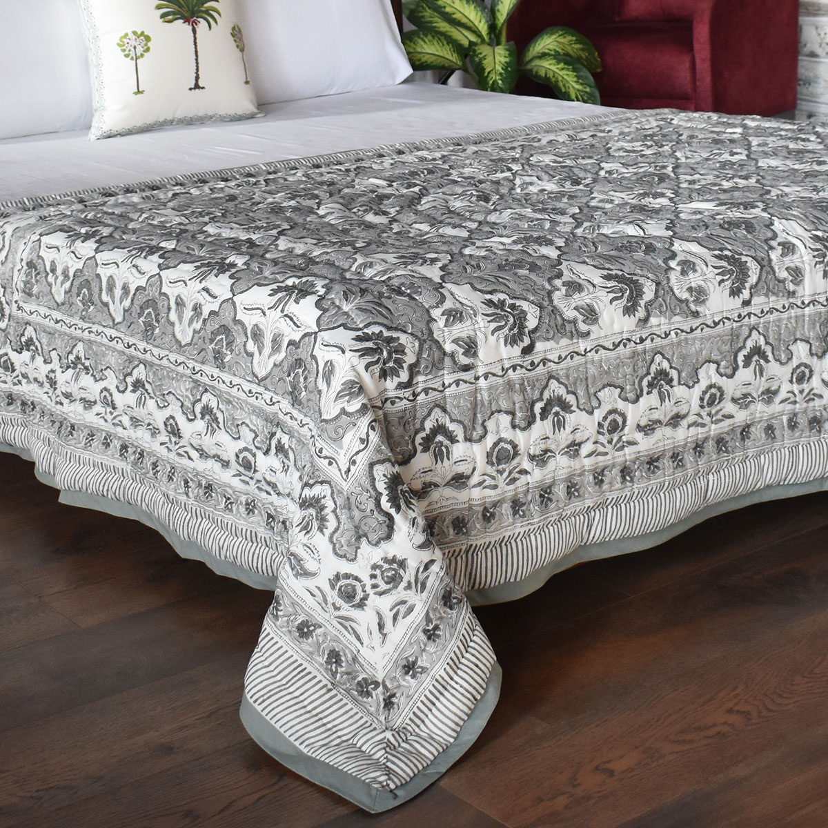Hand Block Printed Cotton Twin Size Quilt Grey Boota Patti 501068