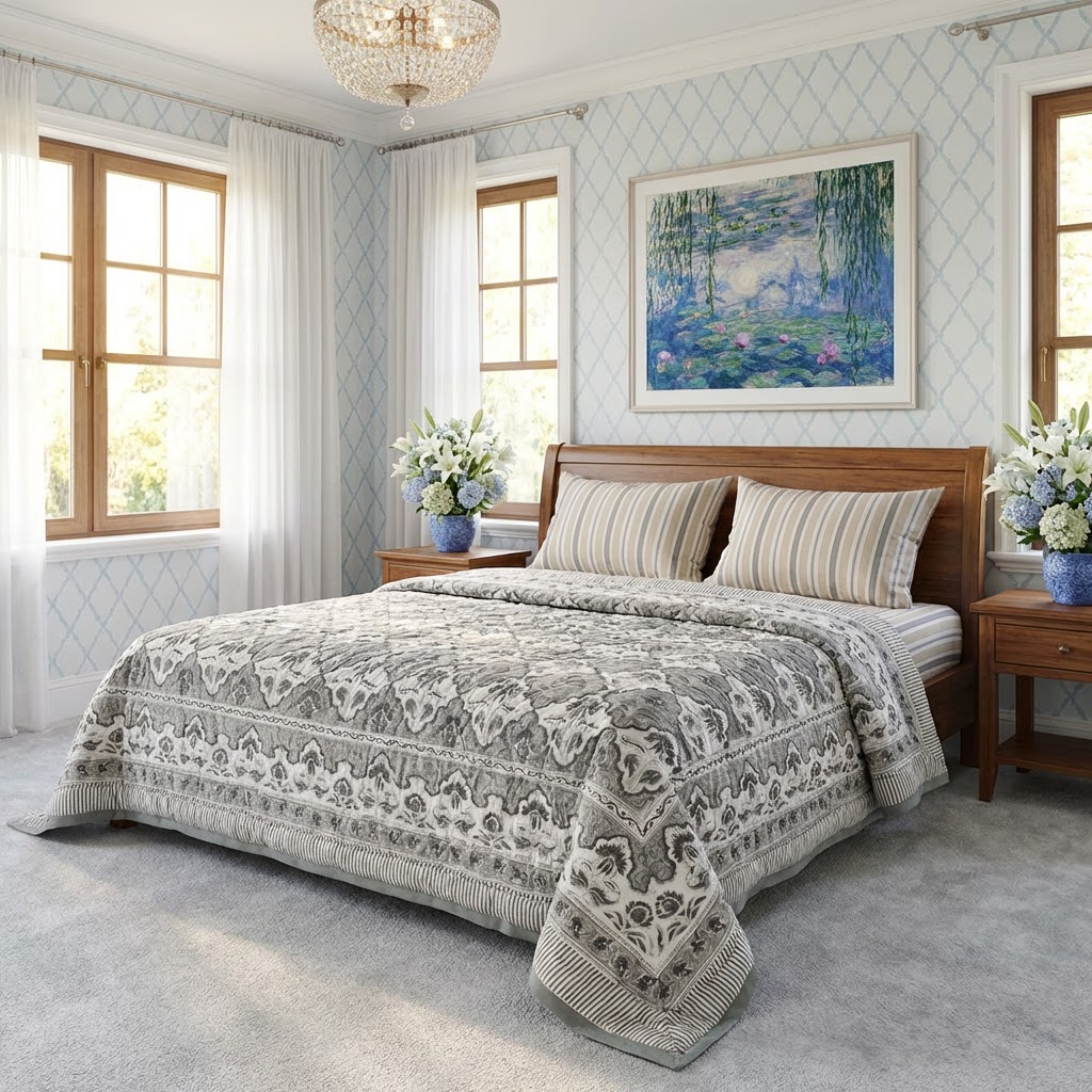 Hand Block Printed Cotton Twin Size Quilt Grey Boota Patti 501068