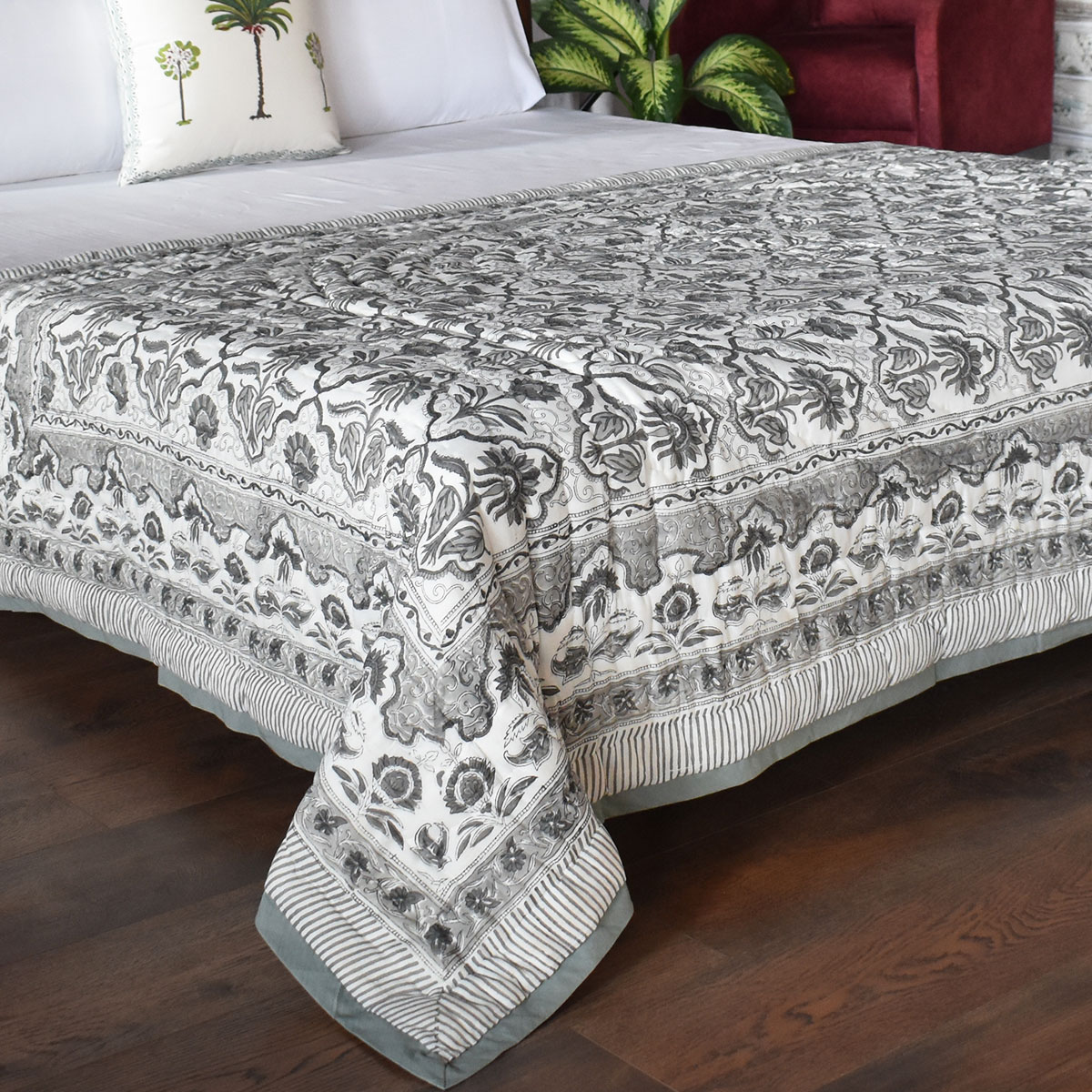 Hand Block Printed Cotton Twin Size Quilt  Grey Boota Patti 501068