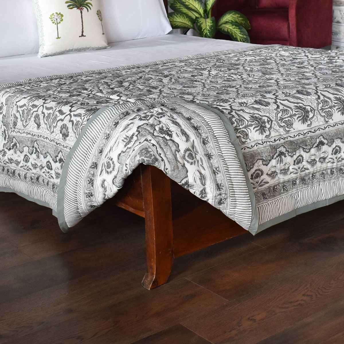 Hand Block Printed Cotton Twin Size Quilt Grey Boota Patti 501068