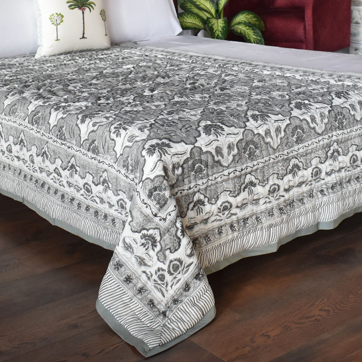 Hand Block Printed Cotton Twin Size Quilt Grey Boota Patti 501068