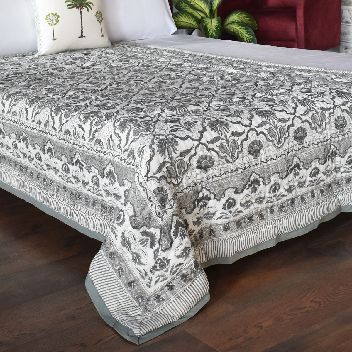 Hand Block Printed Cotton Twin Size Quilt Grey Boota Patti 501068