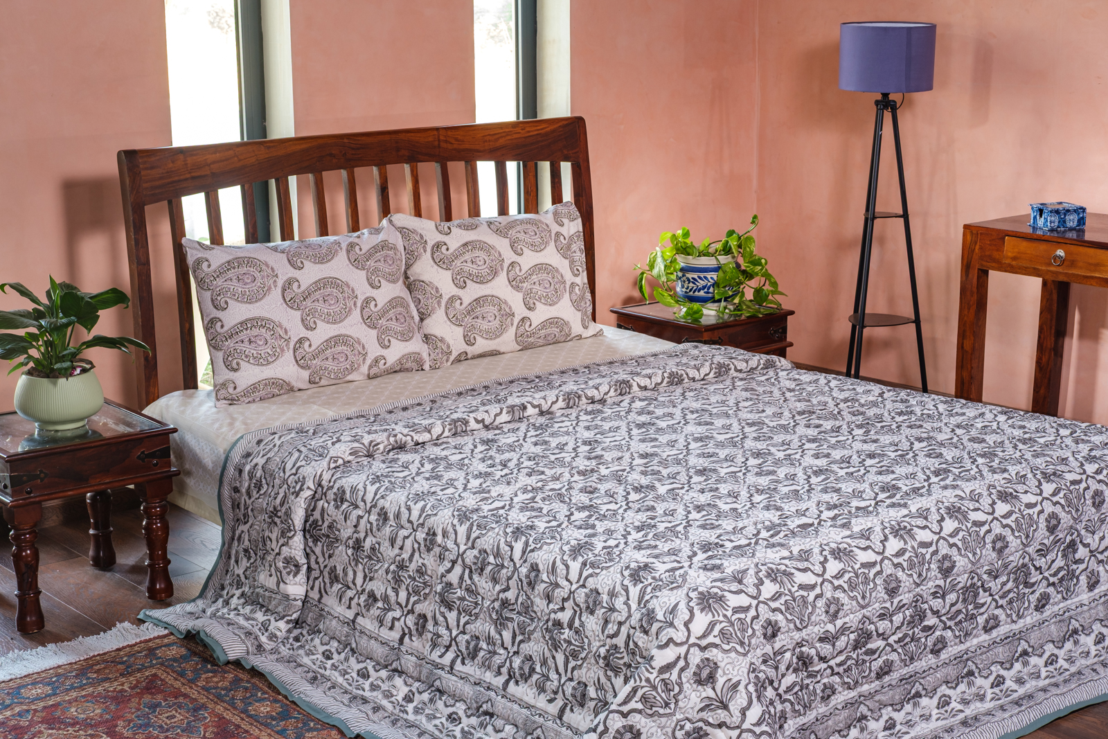 Hand Block Printed Cotton Quilt King Size  Grey Boota Patti 700684